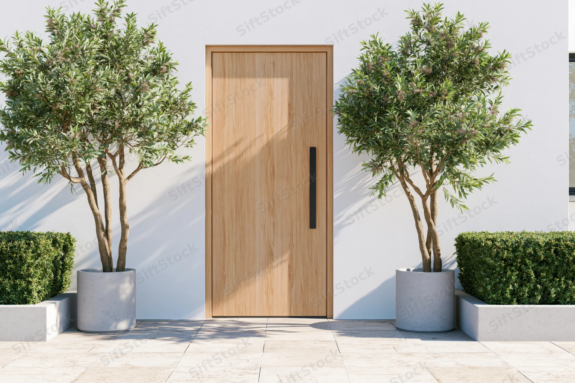 Modern residential front entrance with light wood flush door flanked by olive trees in concrete planters on tiled patio