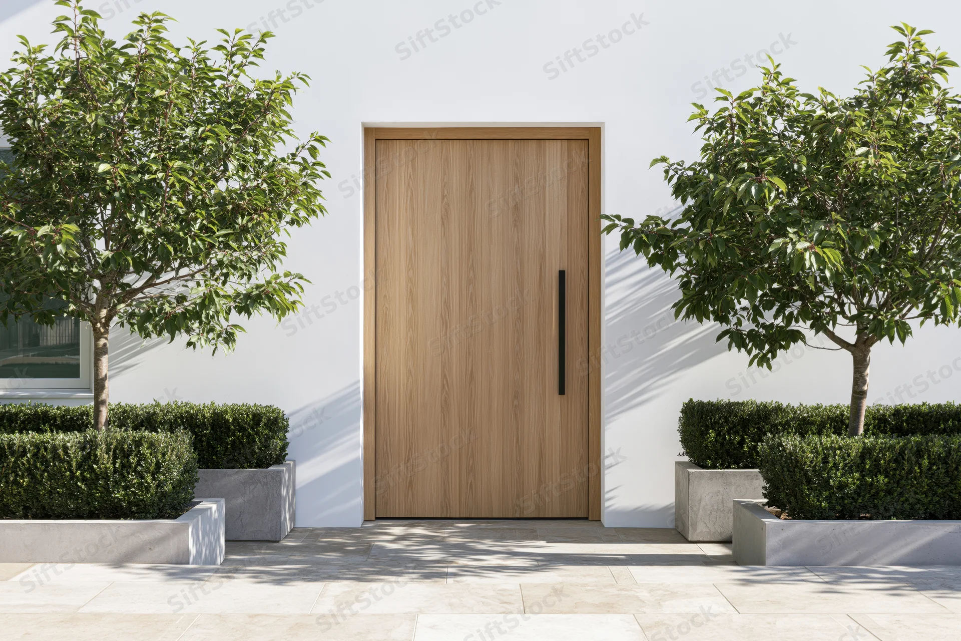 Modern residential front entrance with light wood flush door flanked by trees and shrubs in concrete planters on a tiled patio