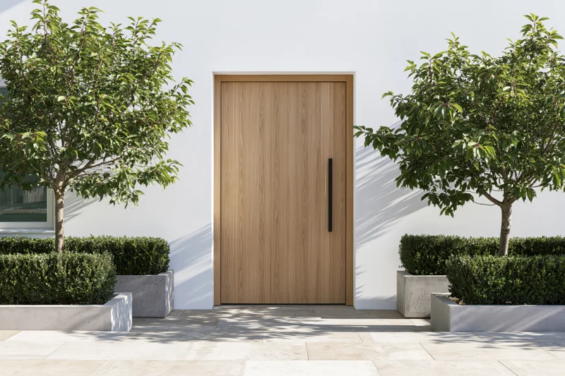 Modern residential front entrance with light wood flush door flanked by trees and shrubs in concrete planters on a tiled patio