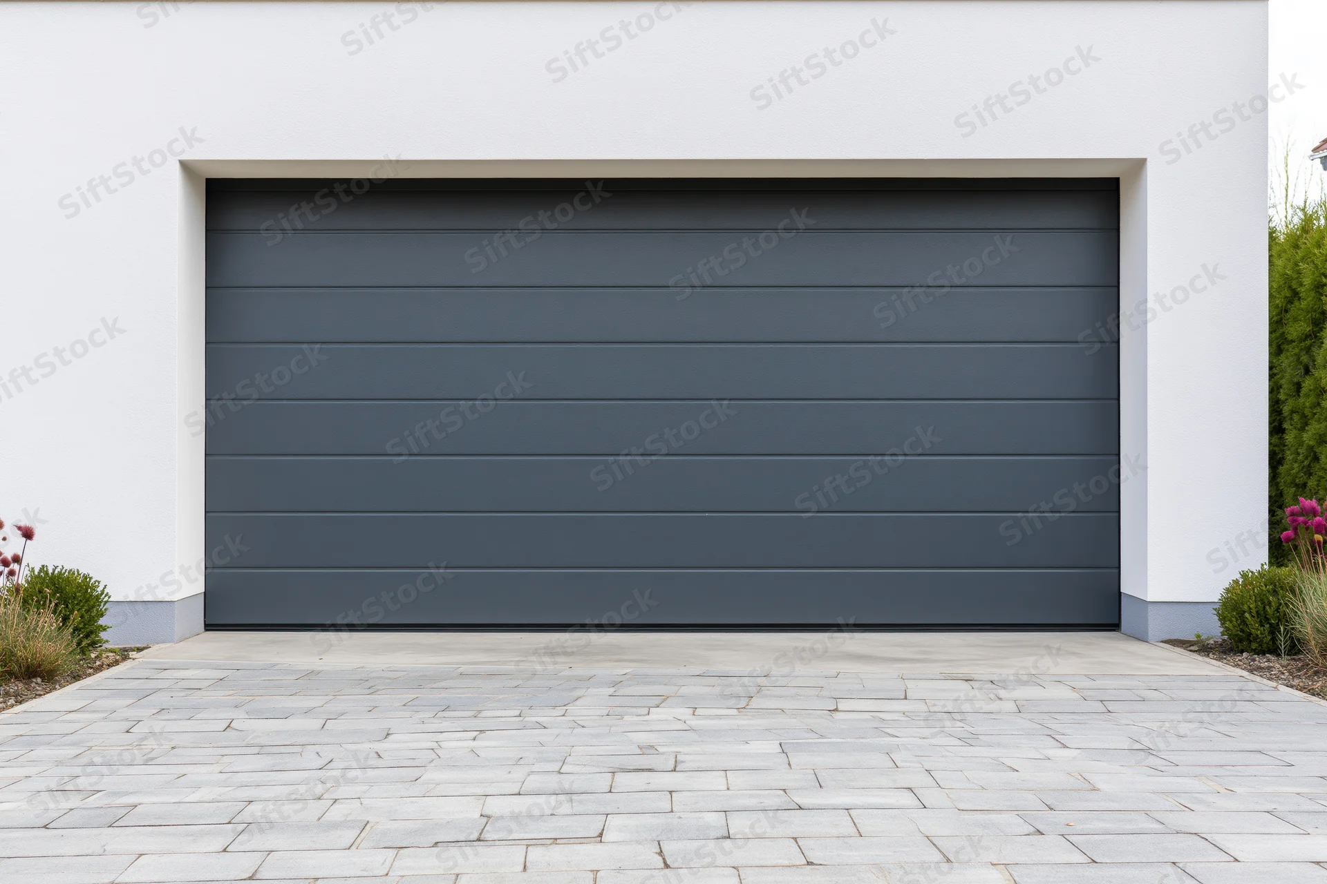 Modern residential garage with horizontal panel door on white facade and stone driveway