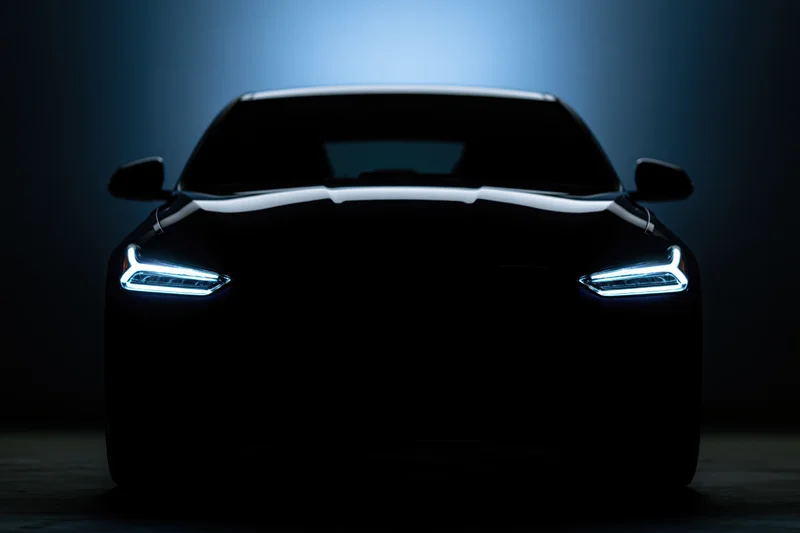 Modern sedan silhouetted head-on in dark studio with glowing led headlights
