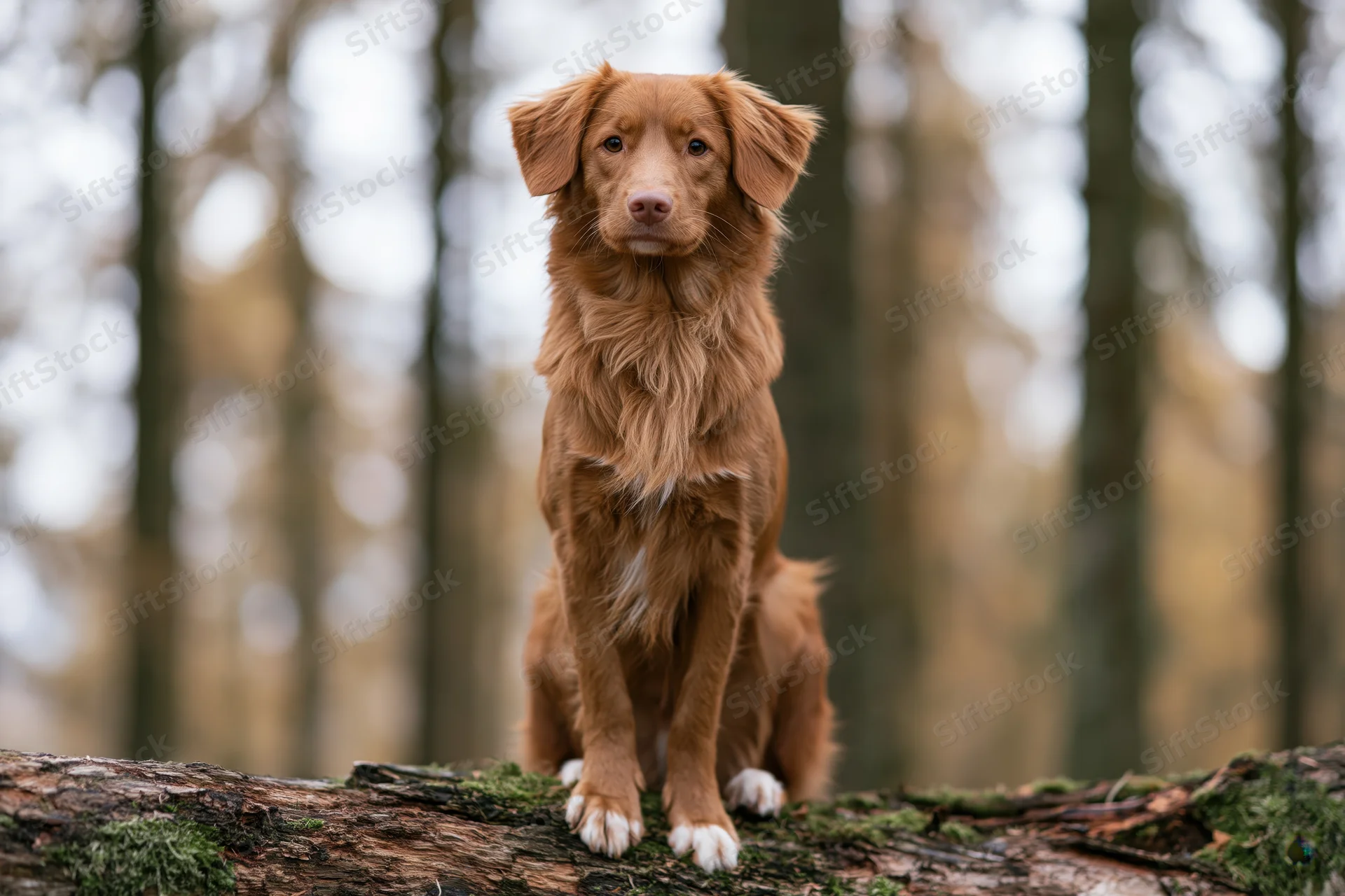 Nova scotia duck tolling retriever sitting upright on a mossy log in a forest
