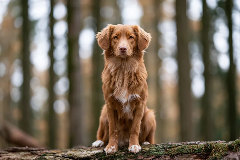 Nova scotia duck tolling retriever sitting upright on a mossy log in a forest