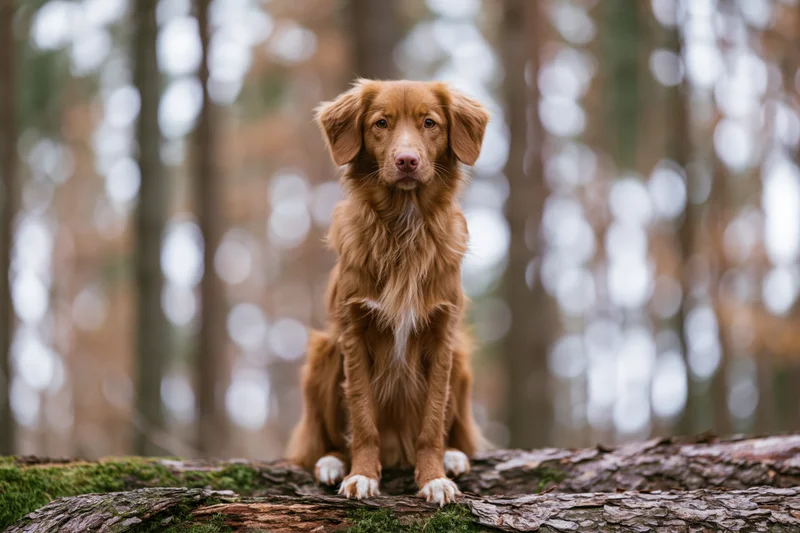 Nova scotia duck tolling retriever sitting upright on a mossy log in a forest