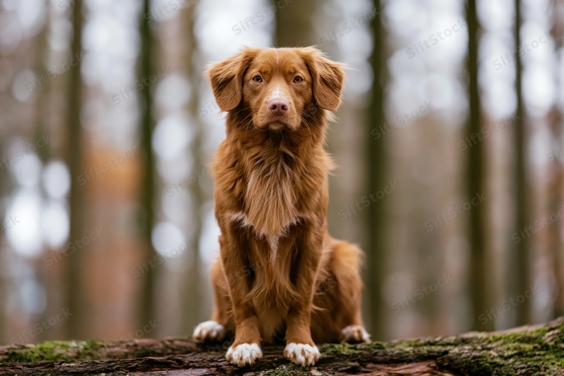 Nova scotia duck tolling retriever sitting upright on a mossy log in a forest