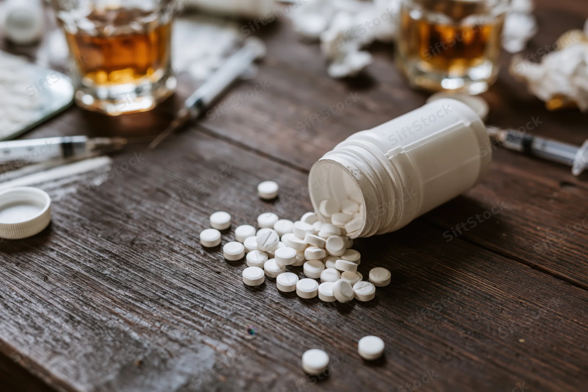 Overturned pill bottle spilling white tablets onto a dark wooden table with syringes and glasses of whiskey nearby
