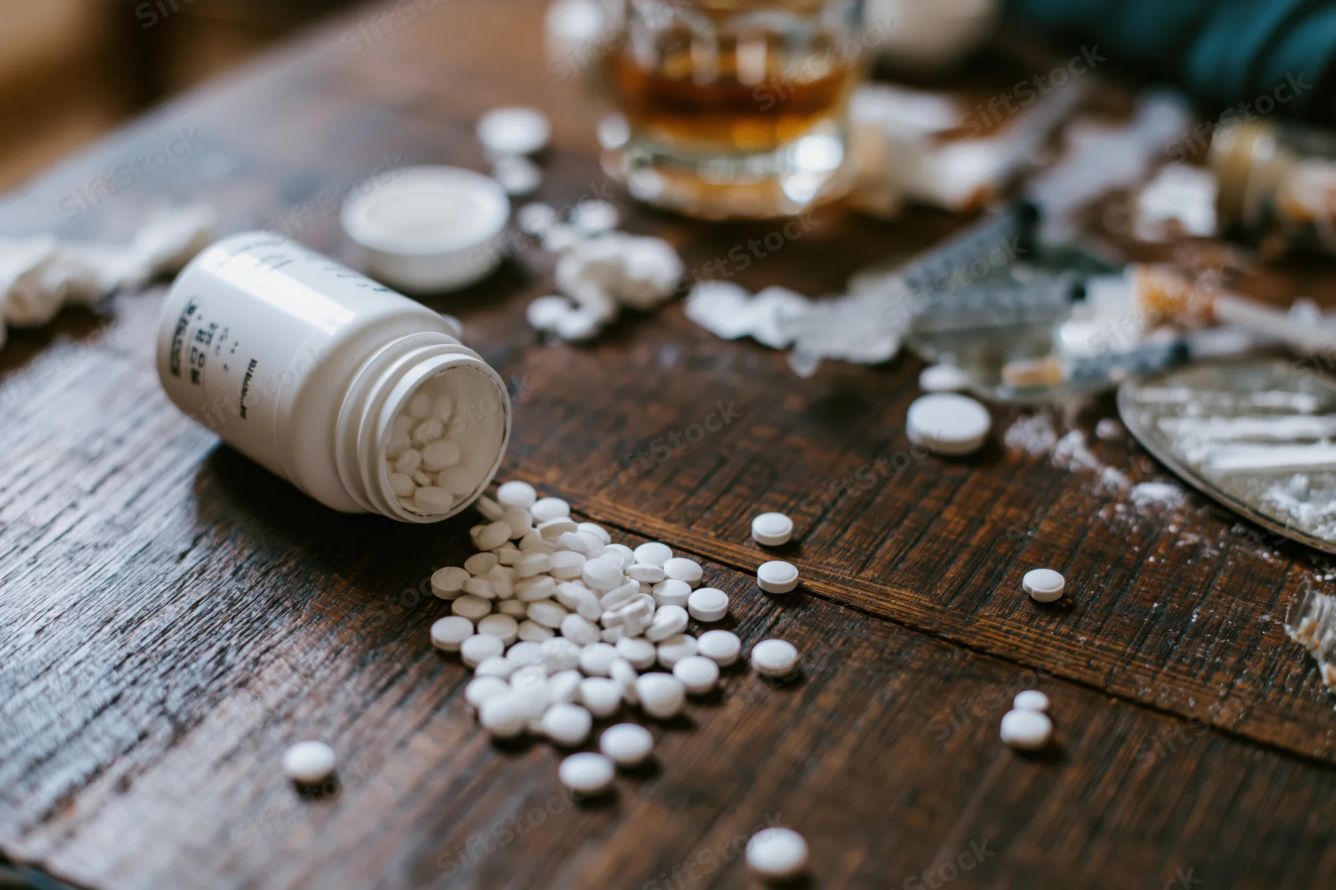 Spilled white pills from an overturned bottle on a wooden table with a glass of whiskey and drug paraphernalia nearby