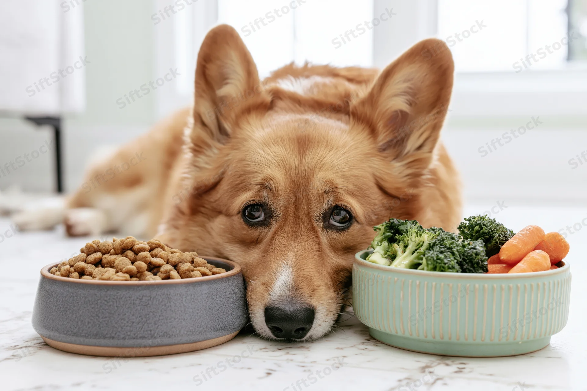 Pembrowelshcorgi lying on white marble floor between bowl of kibble and bowl of broccoli and carrots