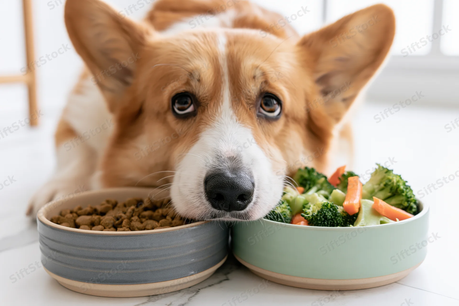 Pembroke welsh corgi lying flat on white marble floor with two bowls of food, one with kibble and one with vegetables