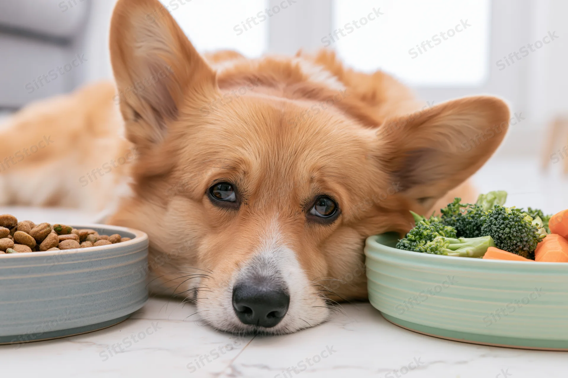 Pembroke welsh corgi lying on white marble floor between two bowls of food, one with kibble and one with vegetables