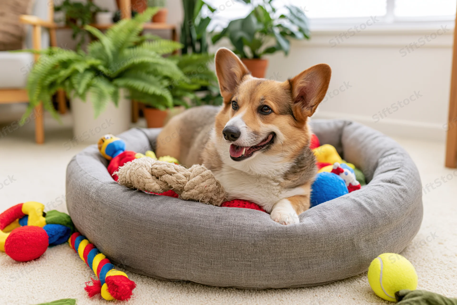 Pembroke welsh corgi lying in round grey fabric dog bed surrounded by colorful toys in a bright living room