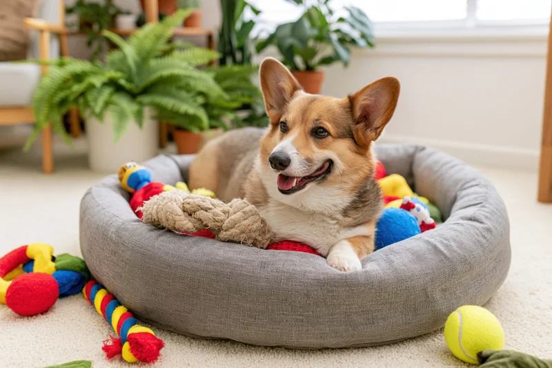 Pembroke welsh corgi lying in round grey fabric dog bed surrounded by colorful toys in a bright living room