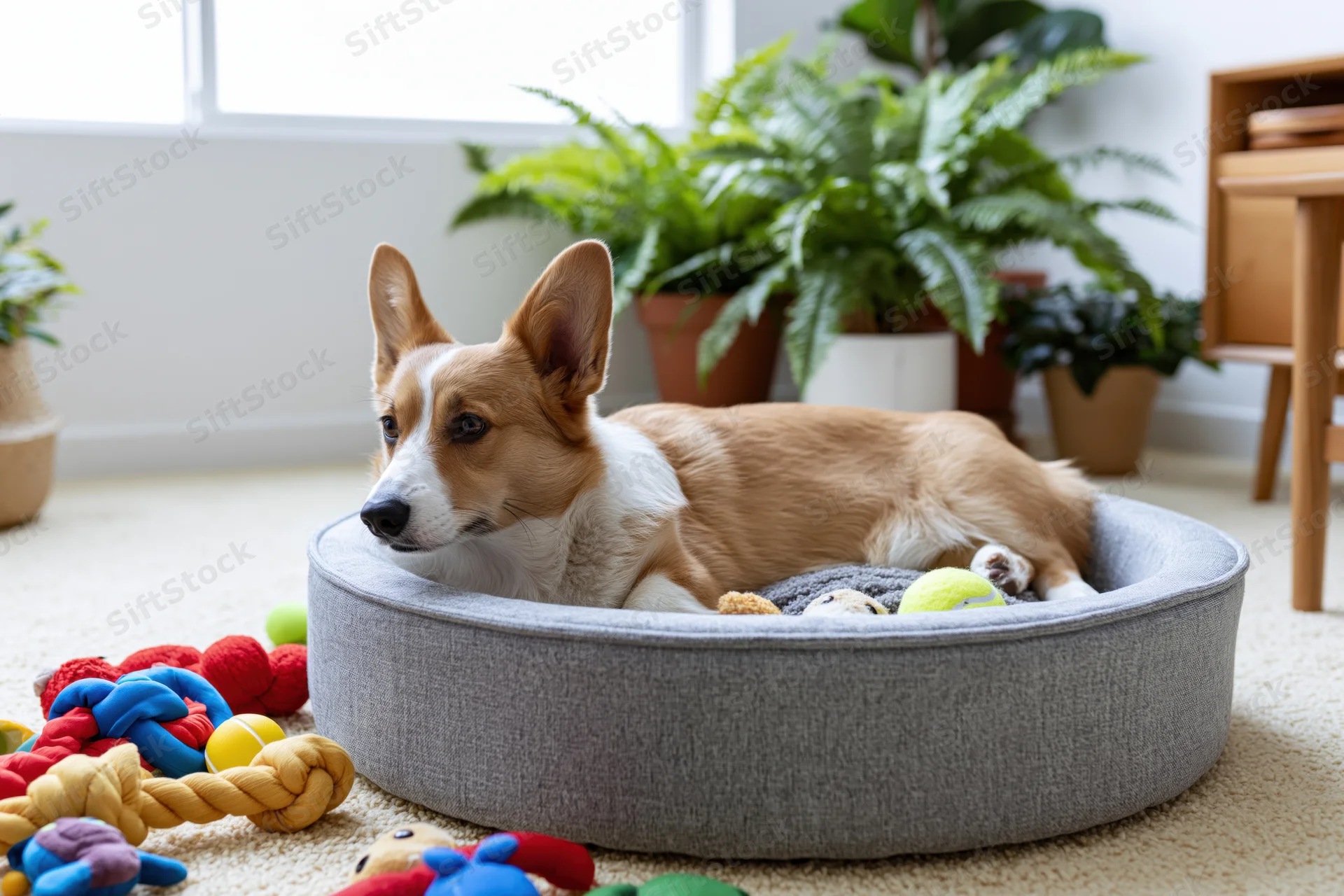 Pembroke welsh corgi lying in round grey fabric dog bed surrounded by toys in a bright living room