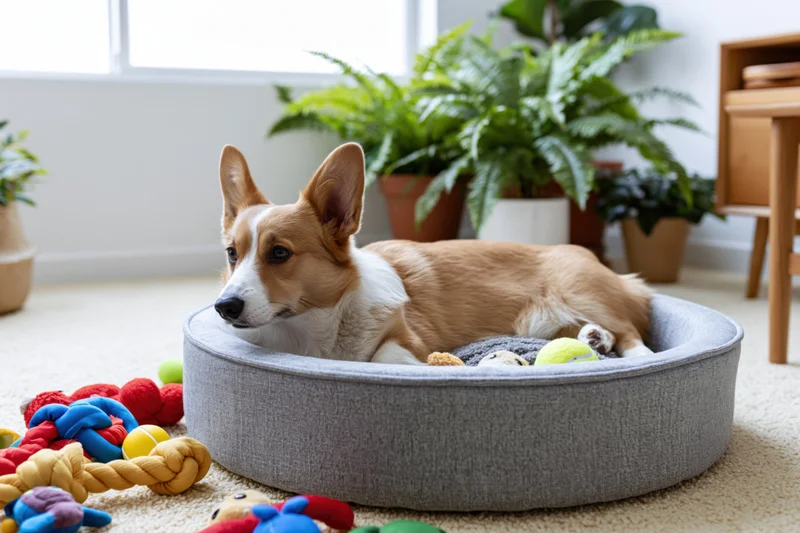 Pembroke welsh corgi lying in round grey fabric dog bed surrounded by toys in a bright living room