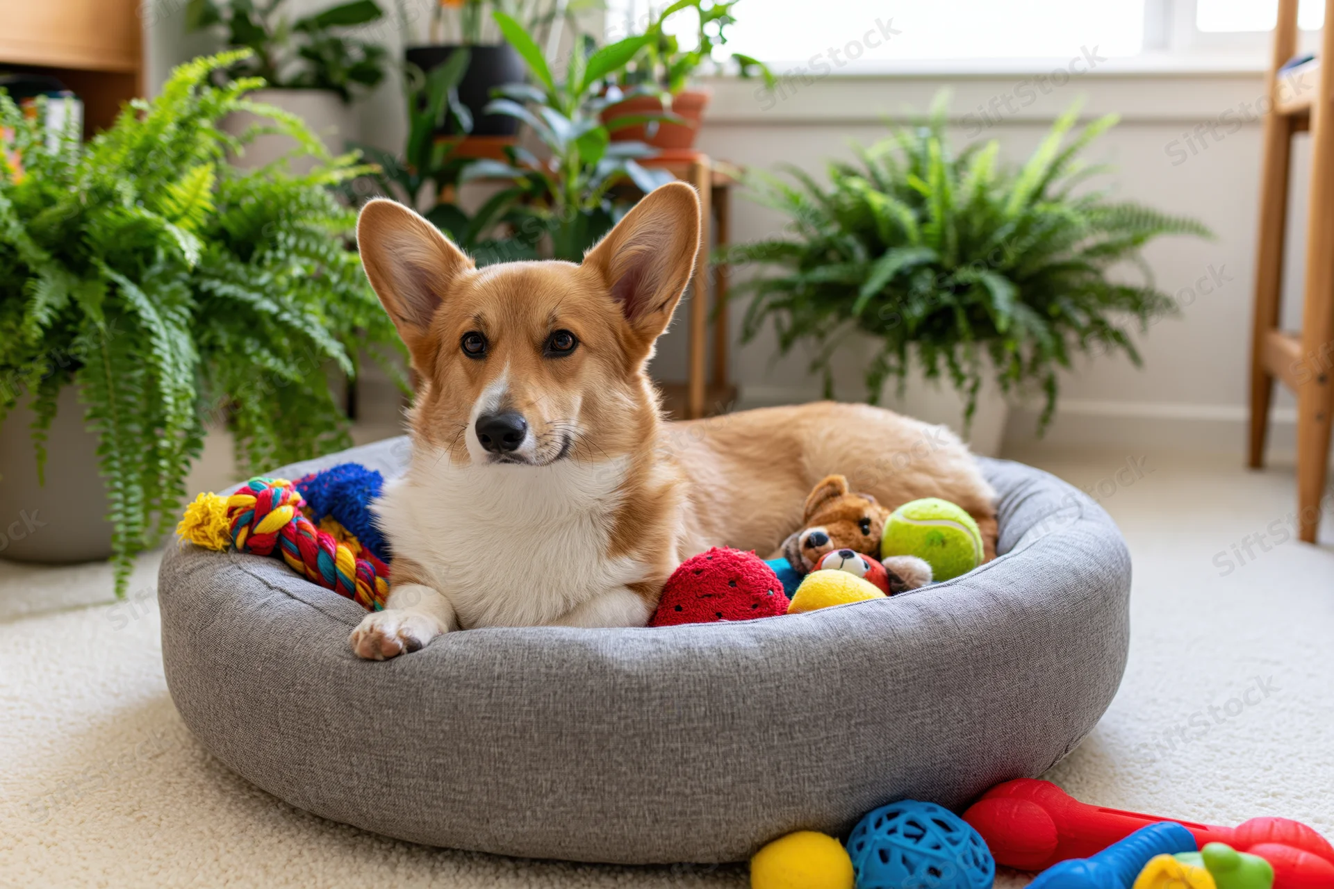 Pembroke welsh corgi lying in a round grey fabric dog bed surrounded by toys in a plant-filled living room