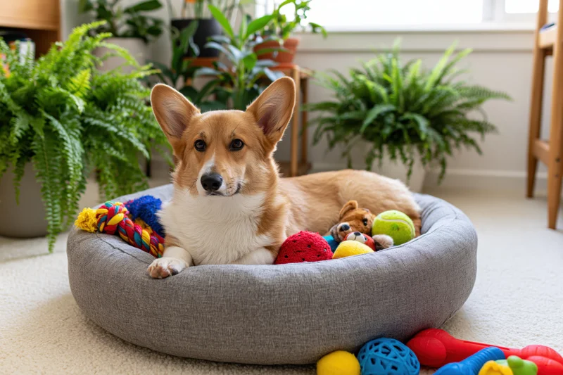 Pembroke welsh corgi lying in a round grey fabric dog bed surrounded by toys in a plant-filled living room