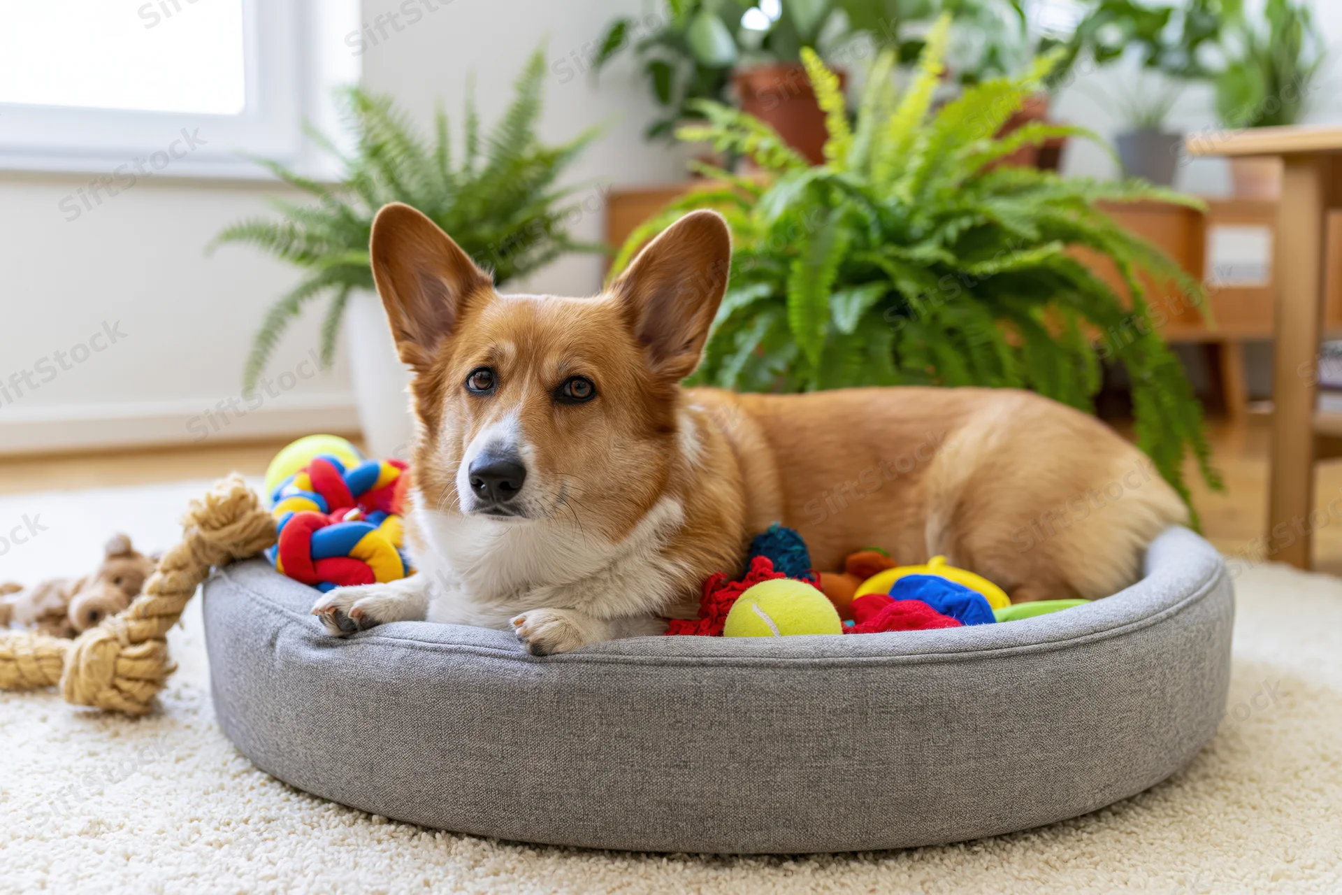 Pembroke welsh corgi lying in round grey fabric dog bed surrounded by toys in a bright living room