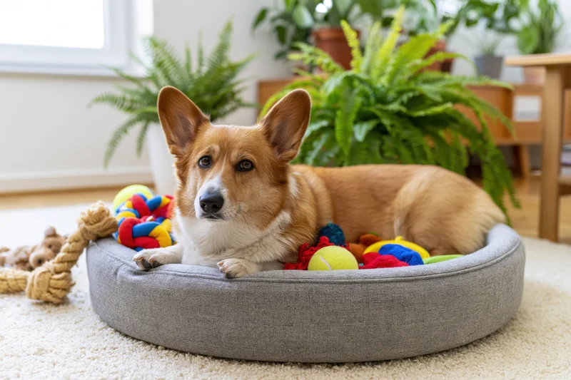 Pembroke welsh corgi lying in round grey fabric dog bed surrounded by toys in a bright living room