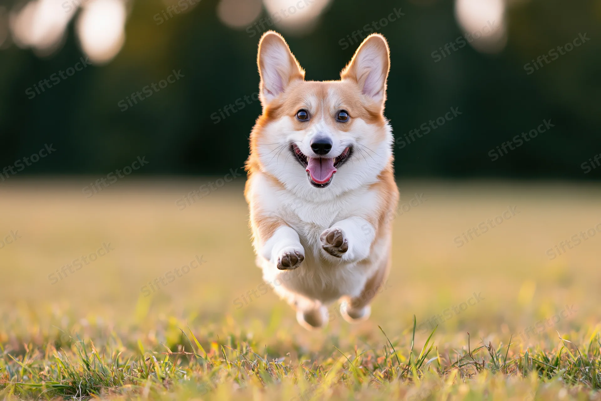 Pembroke welsh corgi running midair across a grassy field in sunlight