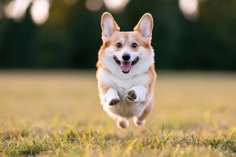 Pembroke welsh corgi running midair across a grassy field in sunlight