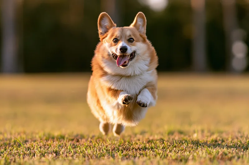 Pembroke welsh corgi running midair across a grassy field in golden hour light