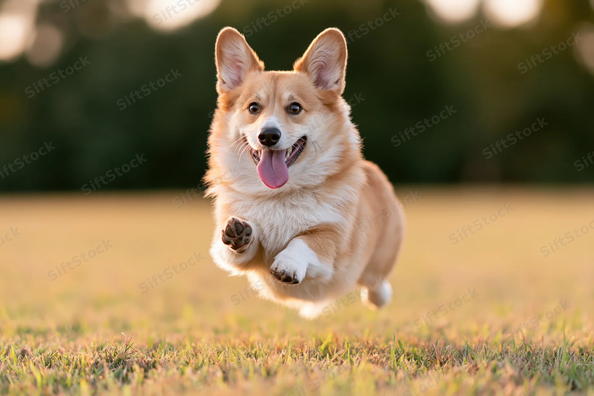 Pembroke welsh corgi running midair across a grassy field in sunlight