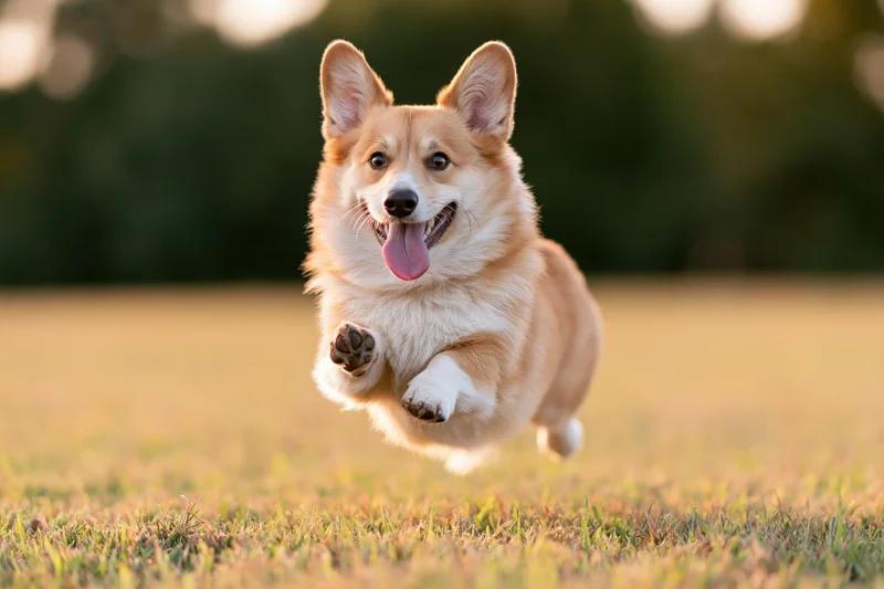 Pembroke welsh corgi running midair across a grassy field in sunlight