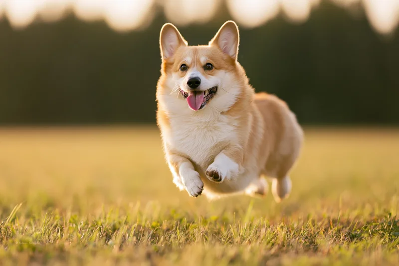 Pembroke welsh corgi running midair across a grassy field in warm sunlight