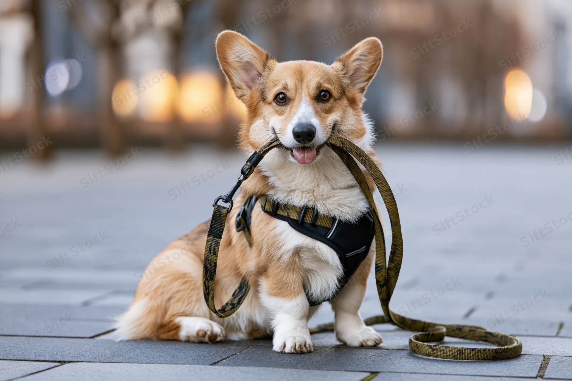 Pembrowelshcorgi sitting on urban pavement holding leash in mouth