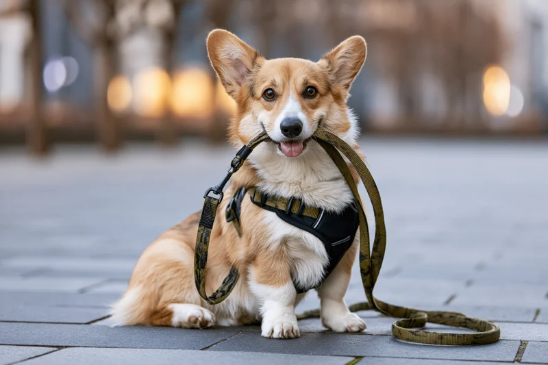 Pembrowelshcorgi sitting on urban pavement holding leash in mouth