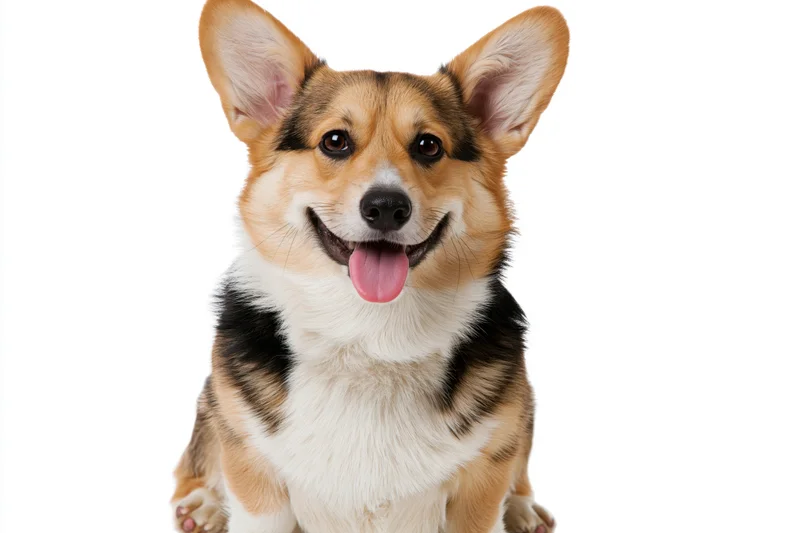 Pembroke welsh corgi sitting upright facing camera with mouth open and tongue out