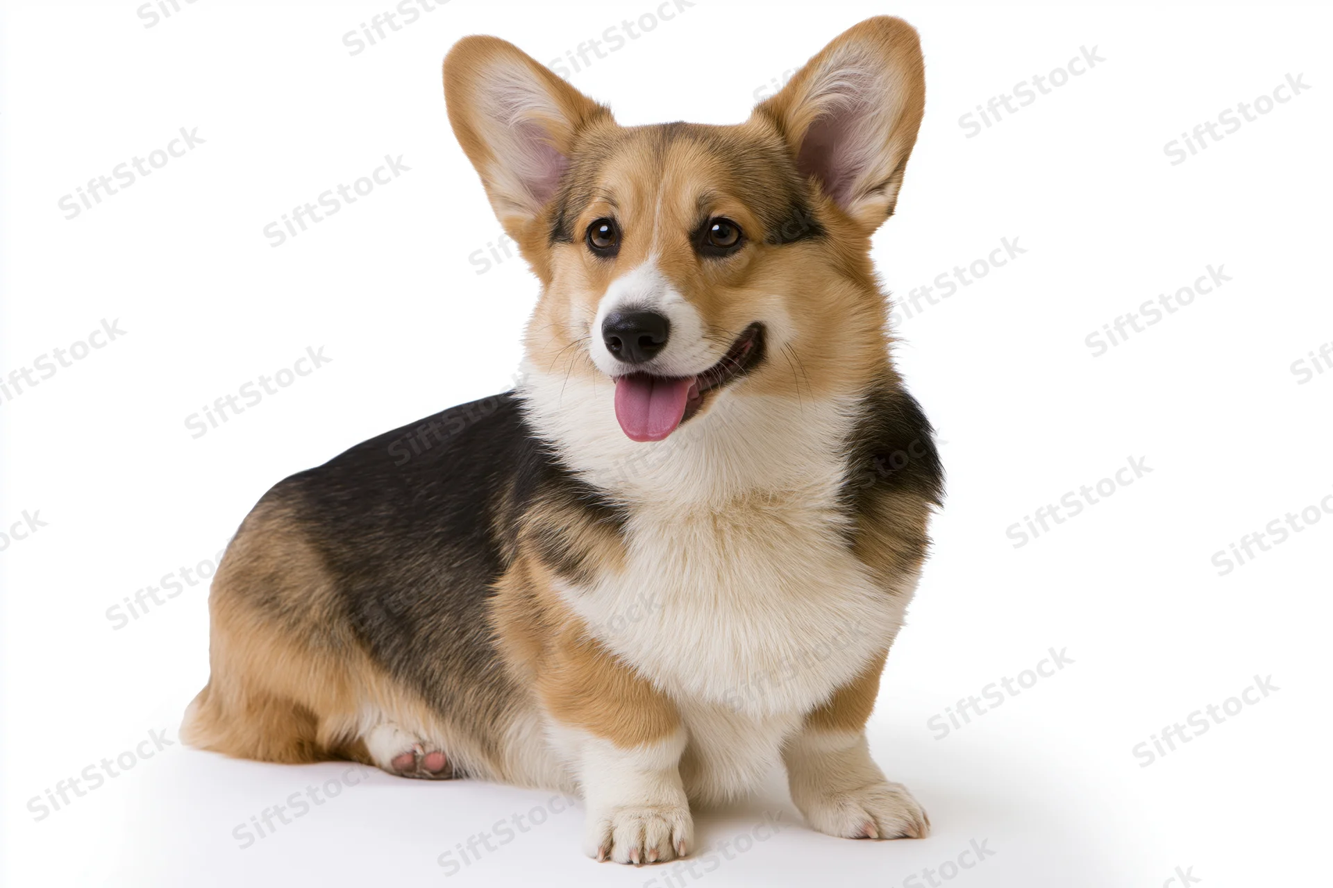 Pembroke welsh corgi sitting upright facing camera with mouth open and tongue out on white background