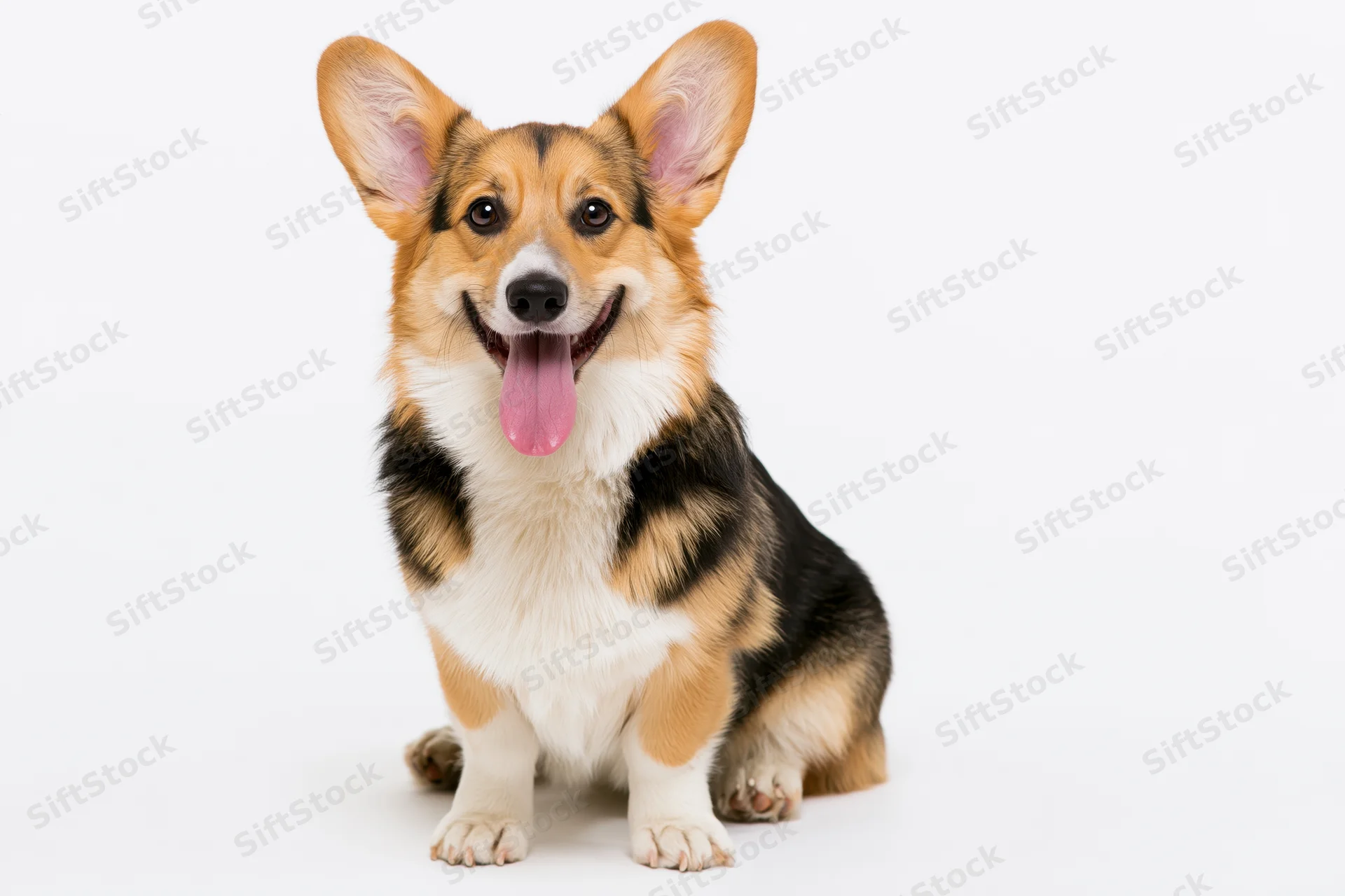 Pembroke welsh corgi sitting upright facing camera with mouth open and tongue out