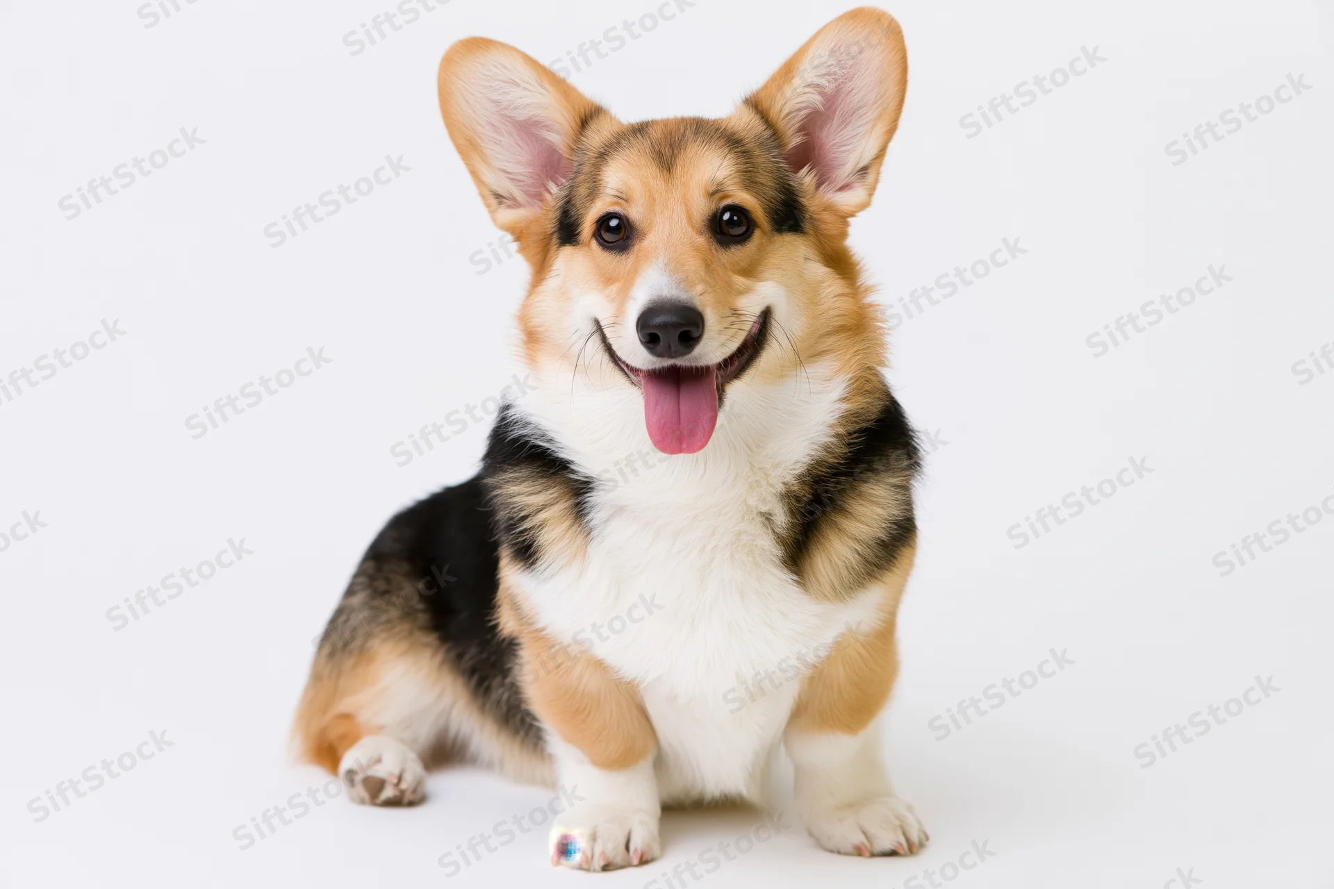 Pembroke welsh corgi sitting upright facing camera with mouth open and tongue out
