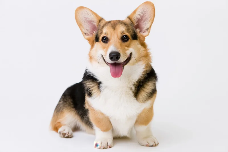 Pembroke welsh corgi sitting upright facing camera with mouth open and tongue out