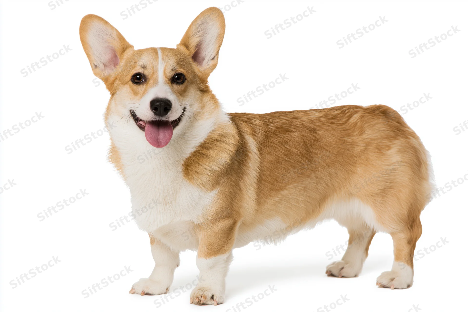 Pembroke welsh corgi standing alert with tongue out on white background
