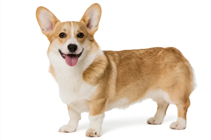 Pembroke welsh corgi standing alert with tongue out on white background