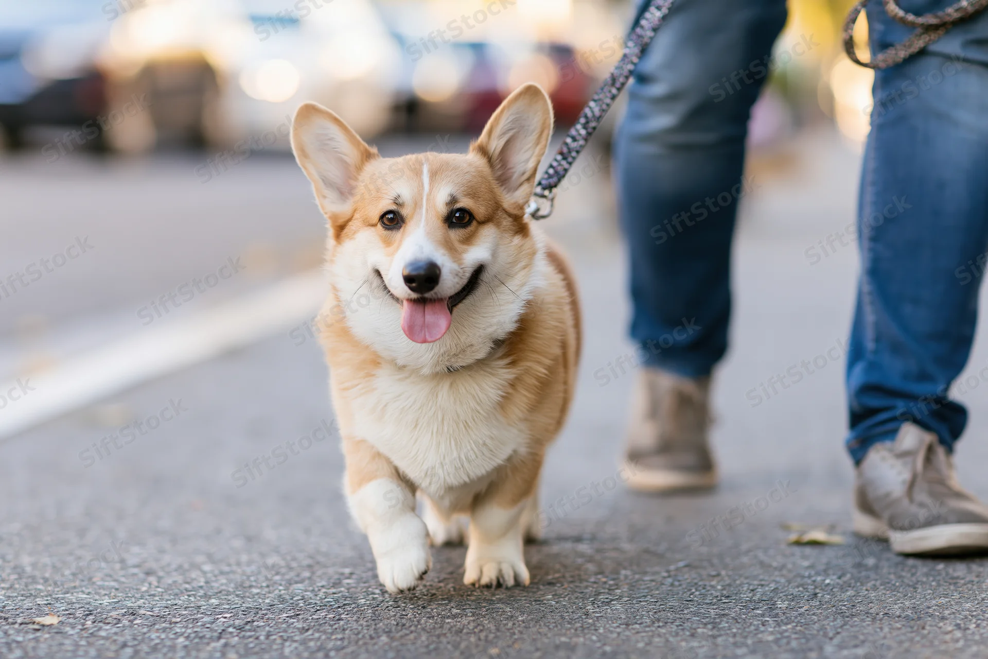 Pembroke welsh corgi trotting happily on leash beside human legs on city pavement