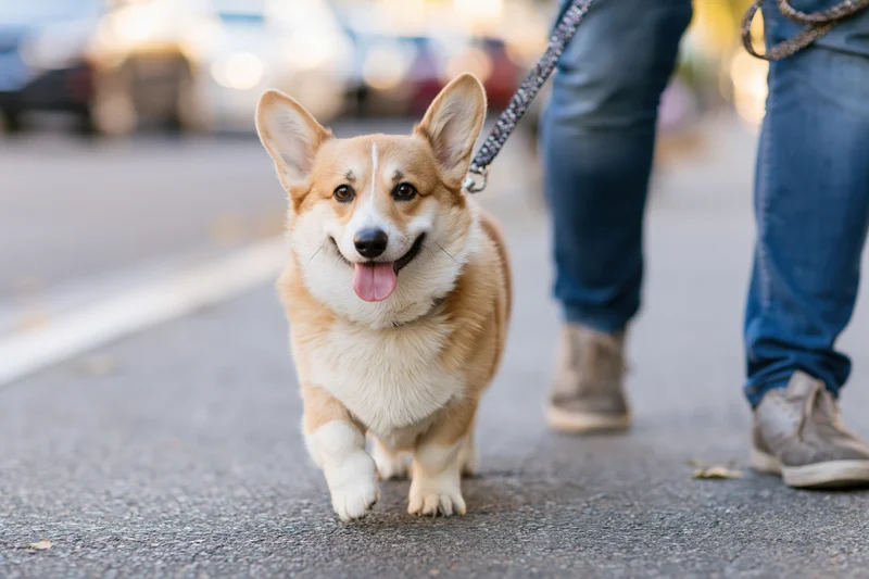 Pembroke welsh corgi trotting happily on leash beside human legs on city pavement