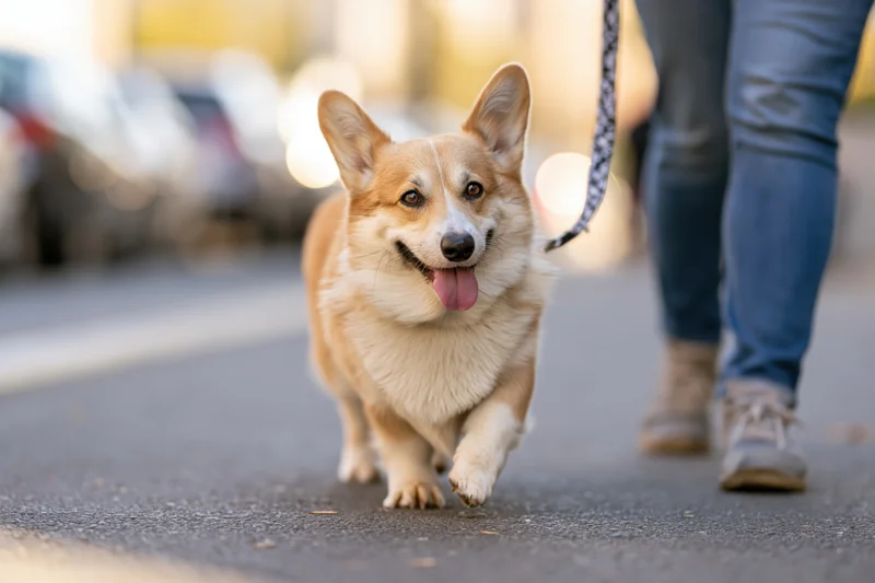 Pembroke welsh corgi trotting happily on leash beside woman walking on pavement