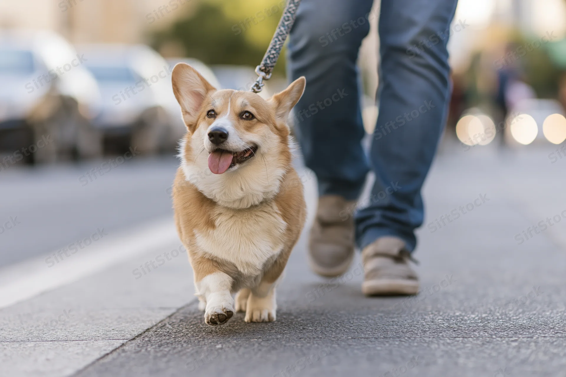 Pembroke welsh corgi trotting on leash beside human legs on city sidewalk