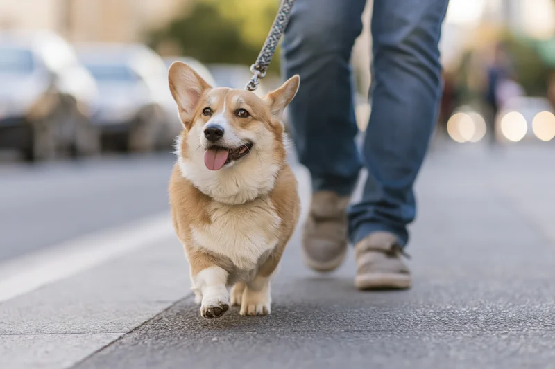 Pembroke welsh corgi trotting on leash beside human legs on city sidewalk