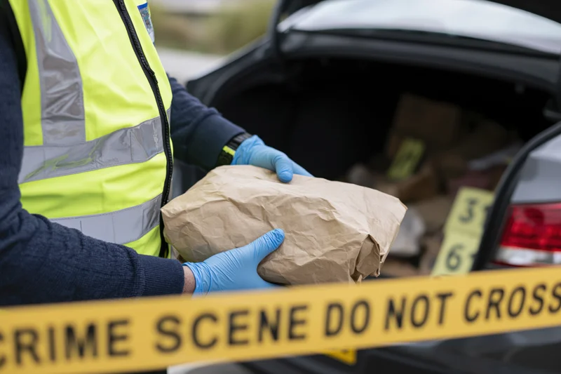 Police officer holding paper evidence bag near crime scene tape by open car trunk