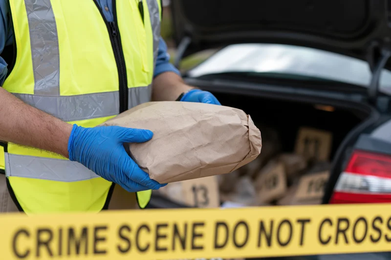 Police officer holding evidence bag near open car trunk with crime scene tape in foreground