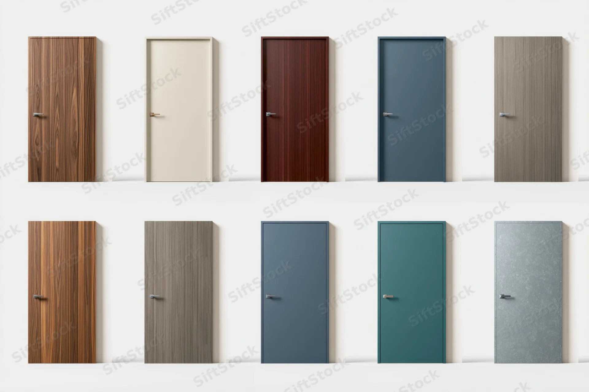 Twelve interior doors in various materials and colors arranged in a grid on a white wall