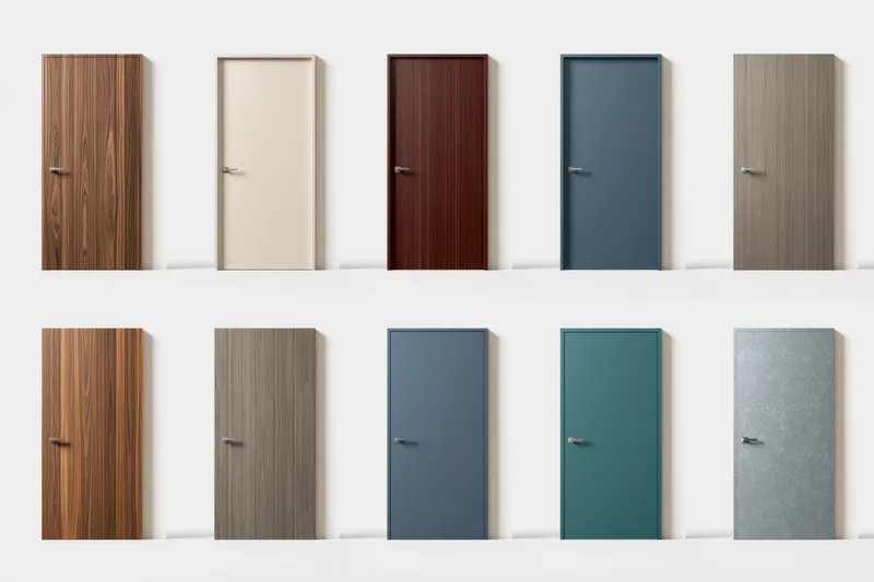 Twelve interior doors in various materials and colors arranged in a grid on a white wall
