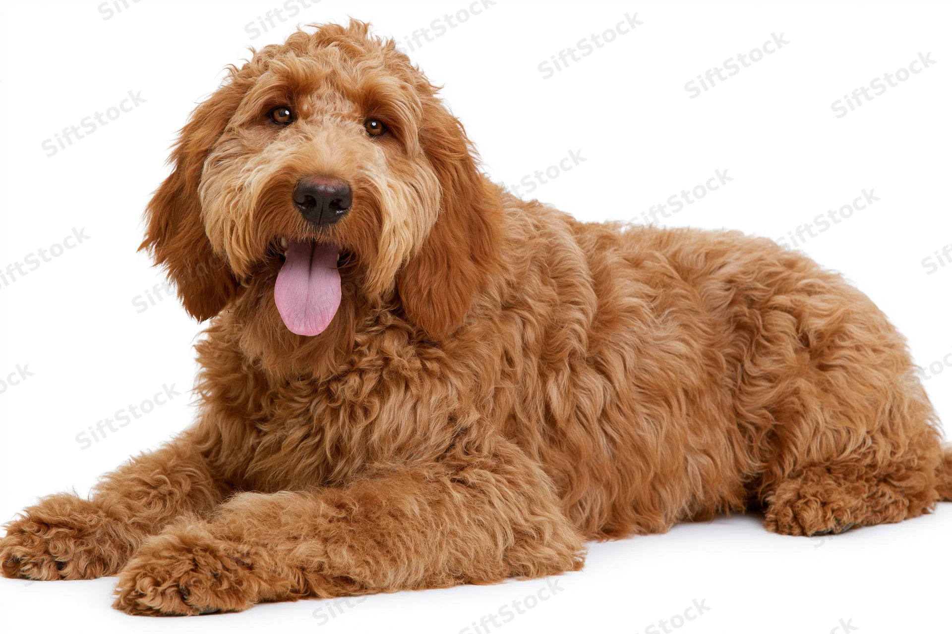 Red-brown cobberdog puppy lying down with tongue out on white background