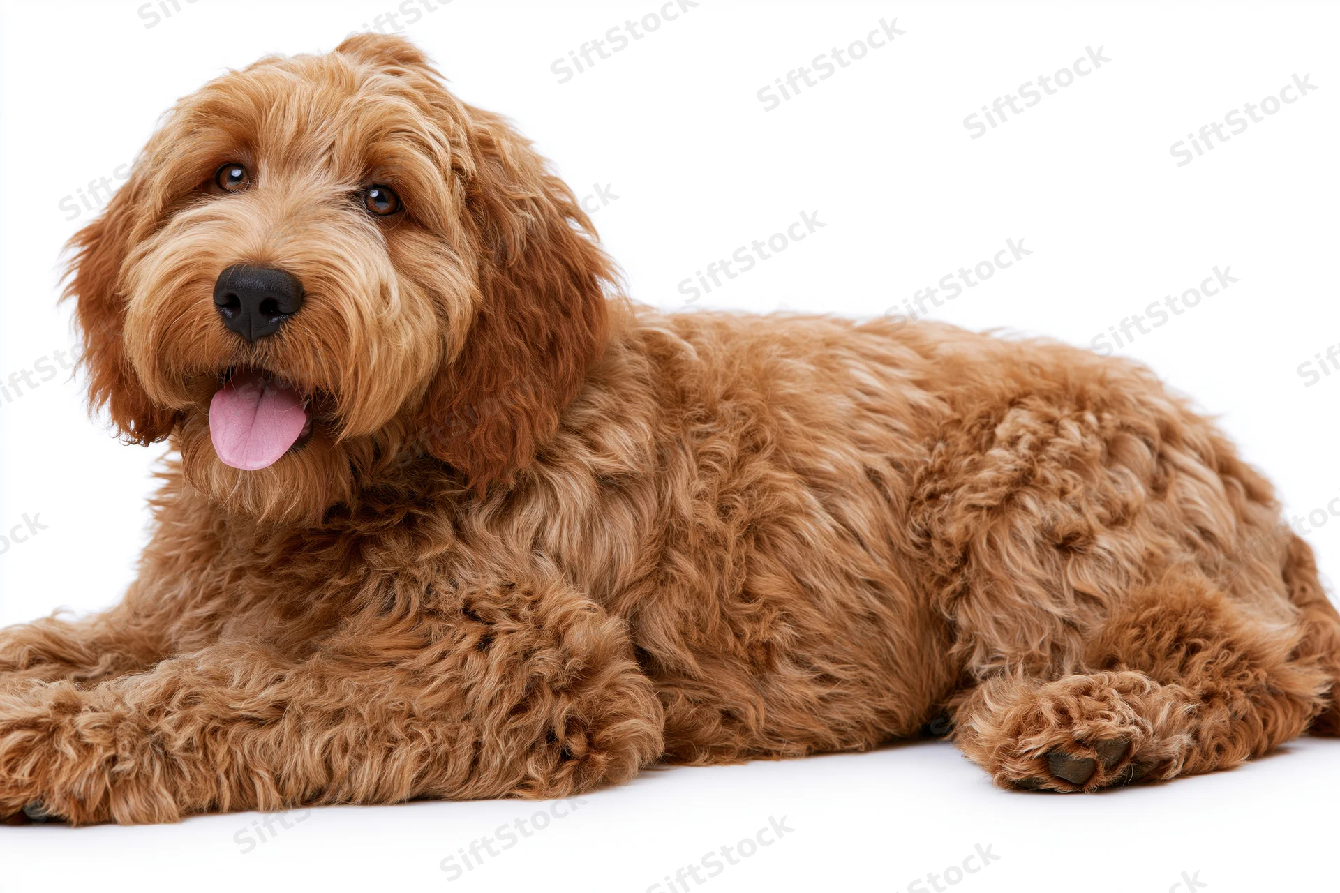 Red-brown cobberdog puppy lying down with tongue out on white background