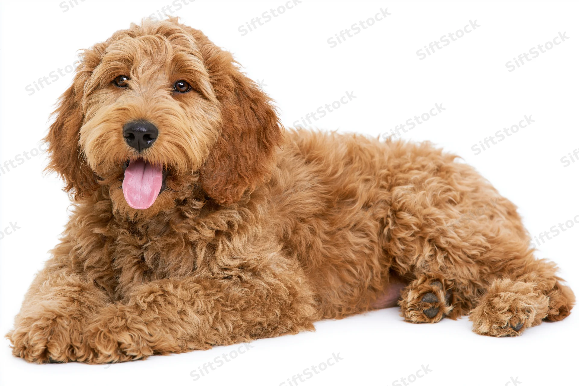 Cobberdog puppy lying down with tongue out on white background