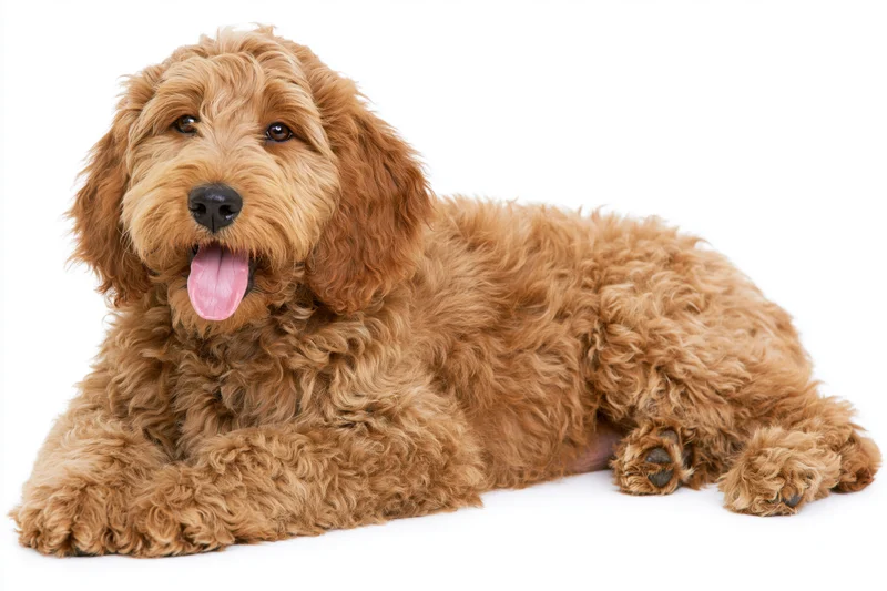 Cobberdog puppy lying down with tongue out on white background